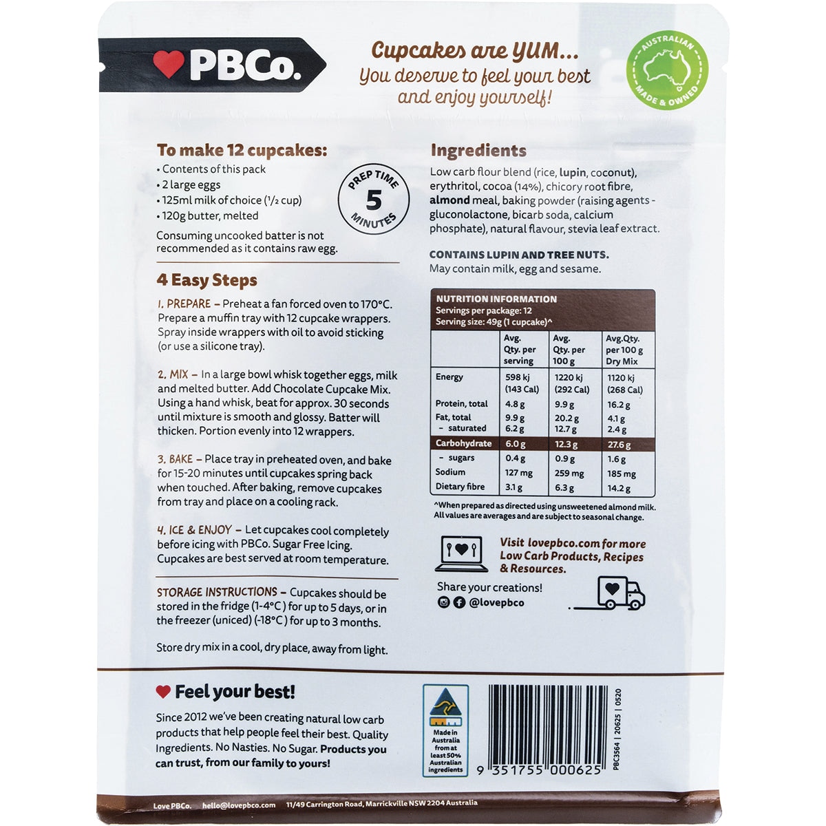 Pbco. Low Carb Chocolate Cupcake Mix 260g