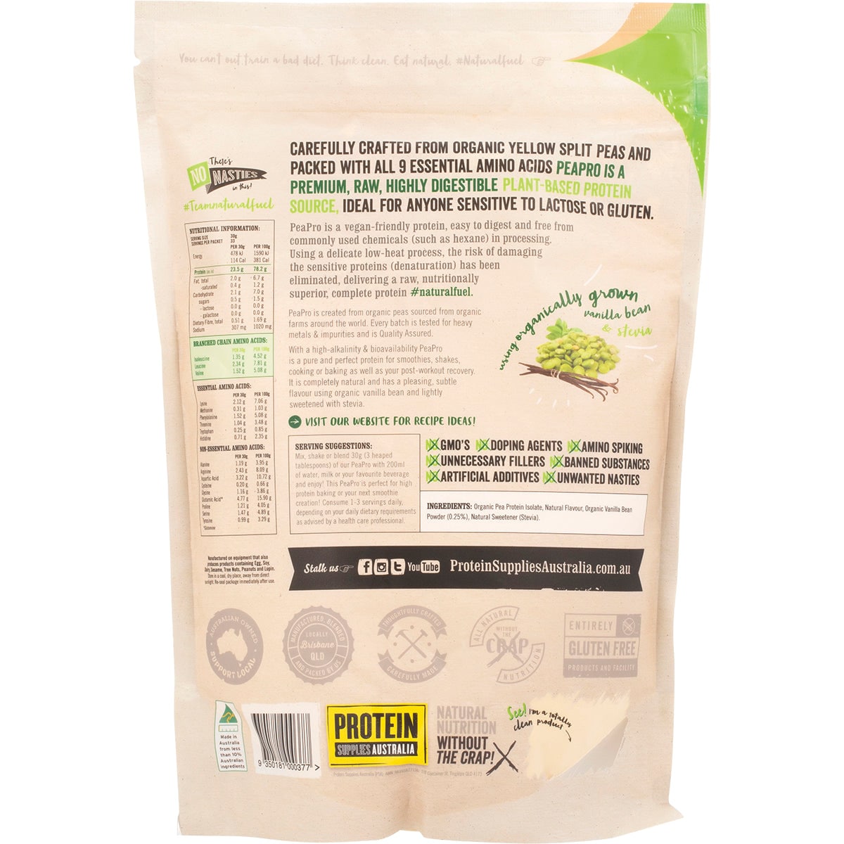 Protein Supplies Australia PeaPro Vegan Pea Protein Vanilla Bean 1kg
