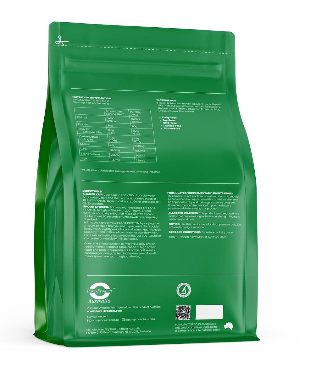 Pure Sports Product Australia Pea & Rice Plant Protein Powder Chocolate 1Kg