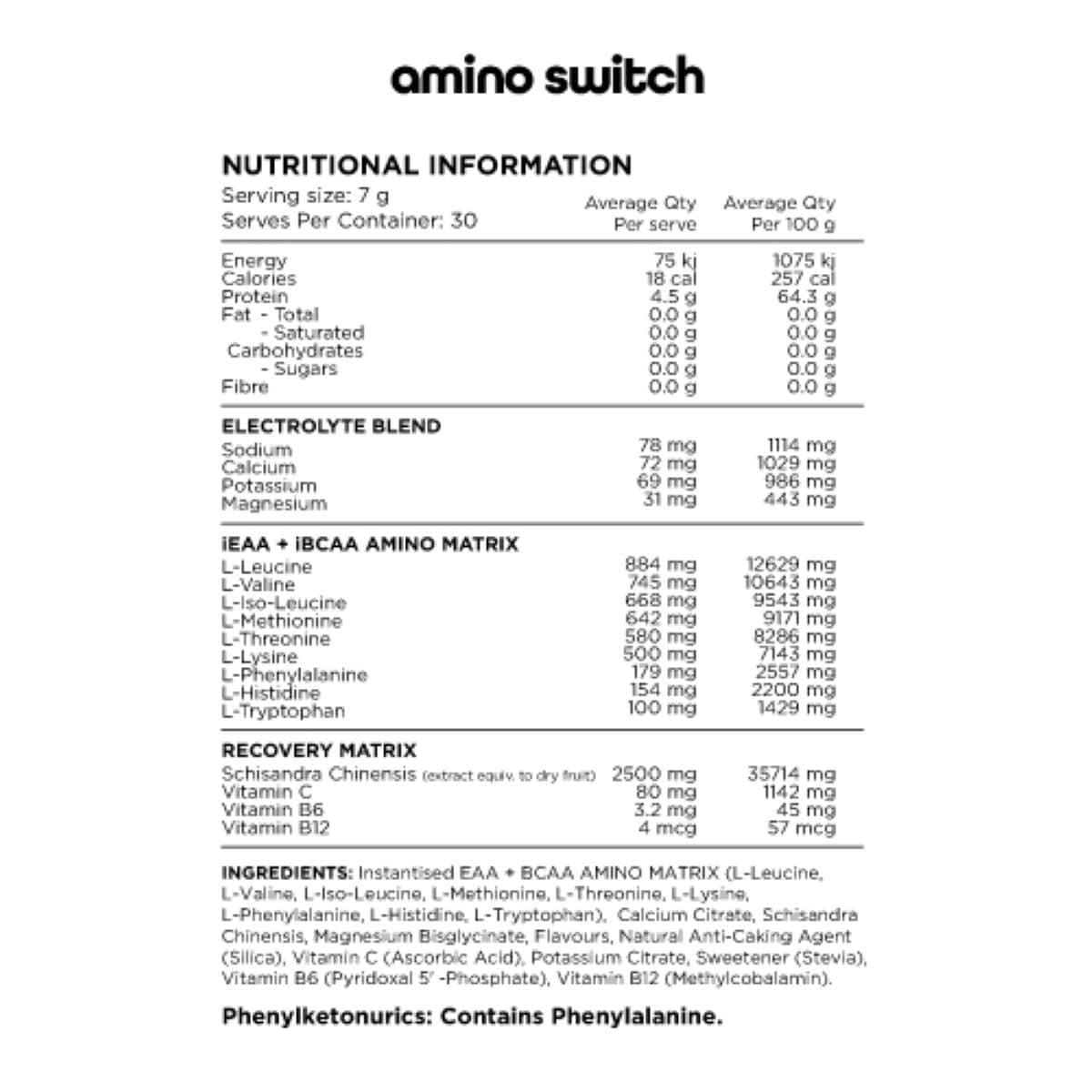 Switch Nutrition Amino EAA + BCAA Recovery Matrix Lemonade 210g
