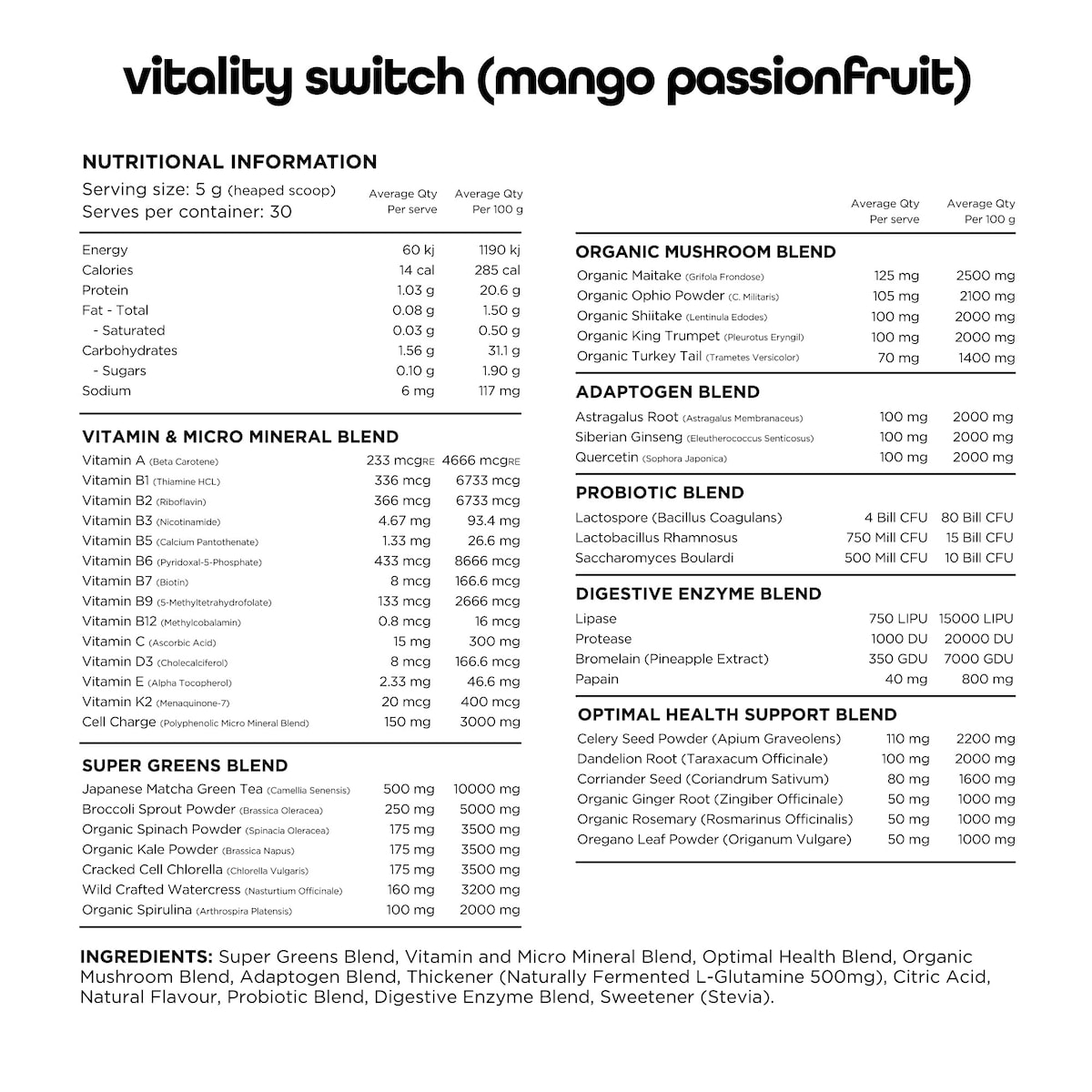 Switch Nutrition Vitality Revitalising Greens Powder Mango Passionfruit 150g