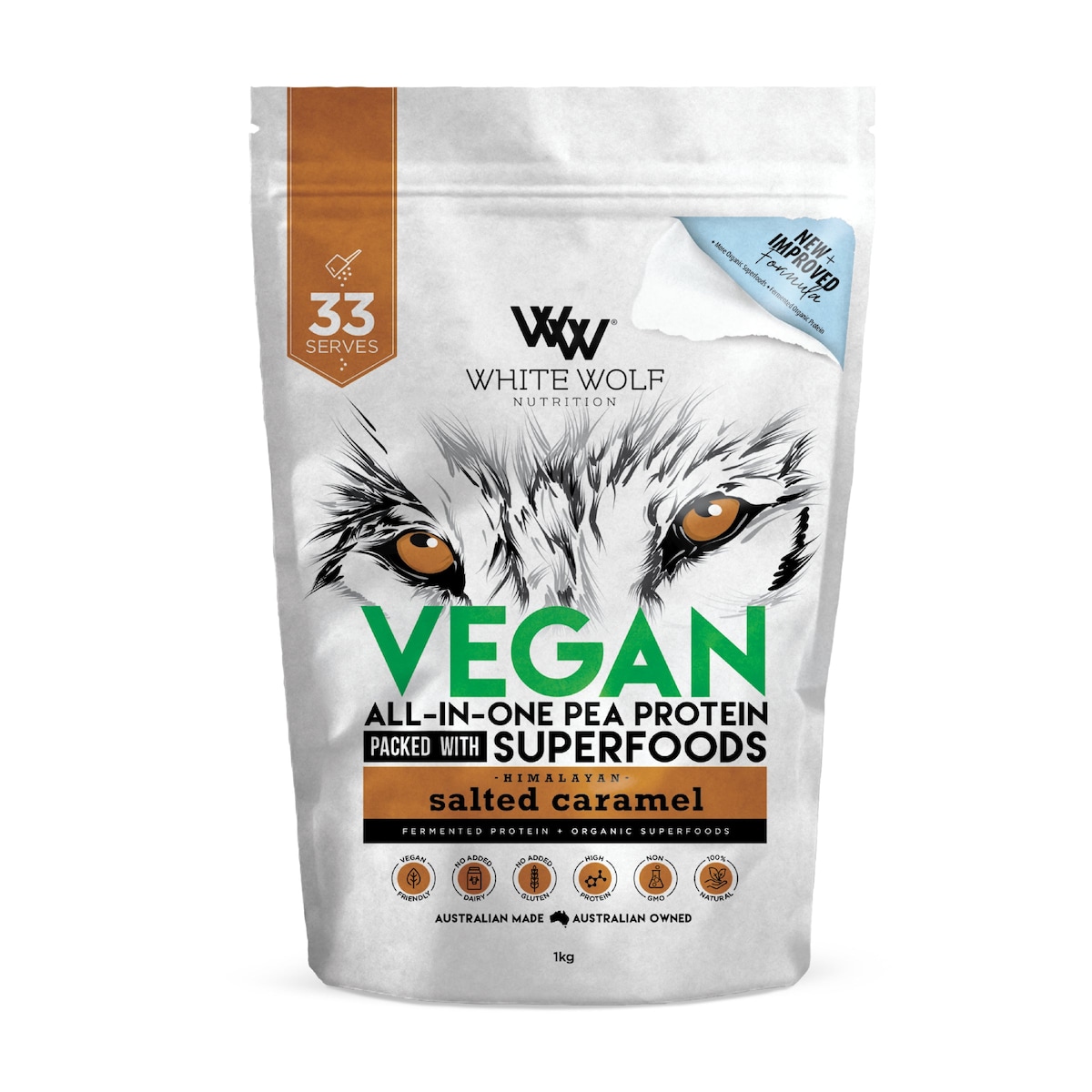 White Wolf Nutrition Vegan Protein With Superfoods Salted Caramel 1Kg Australia