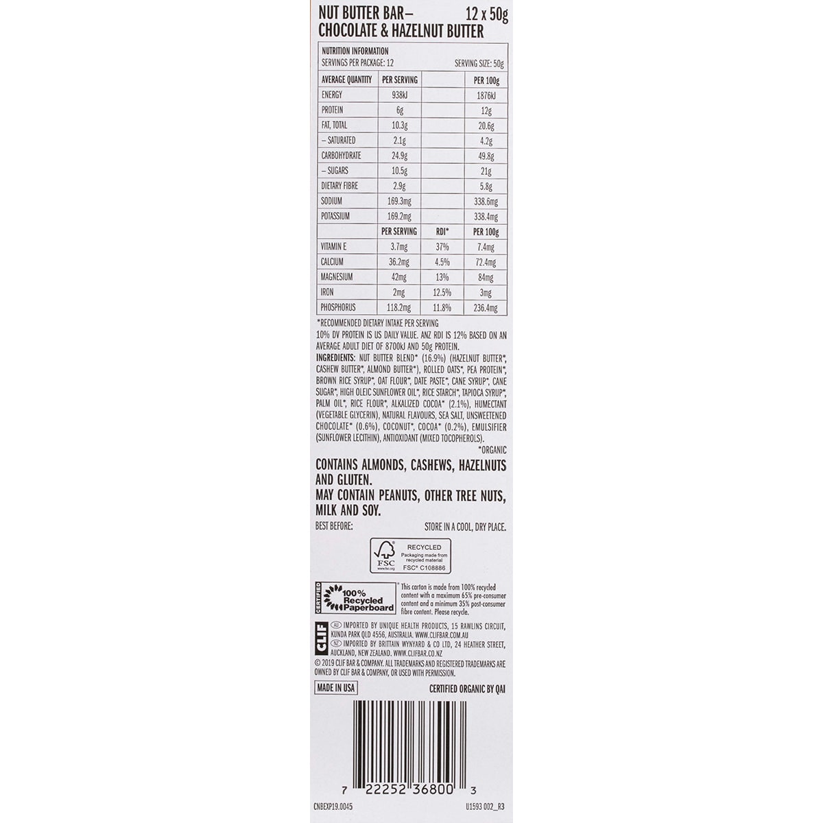 Clif Nut Butter Bar Chocolate & Hazelnut Butter 12 x 50g