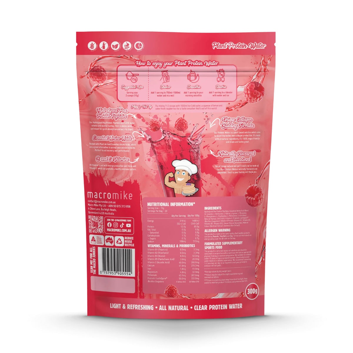 Macro Mike Plant Protein Water Red Raspberry 300g