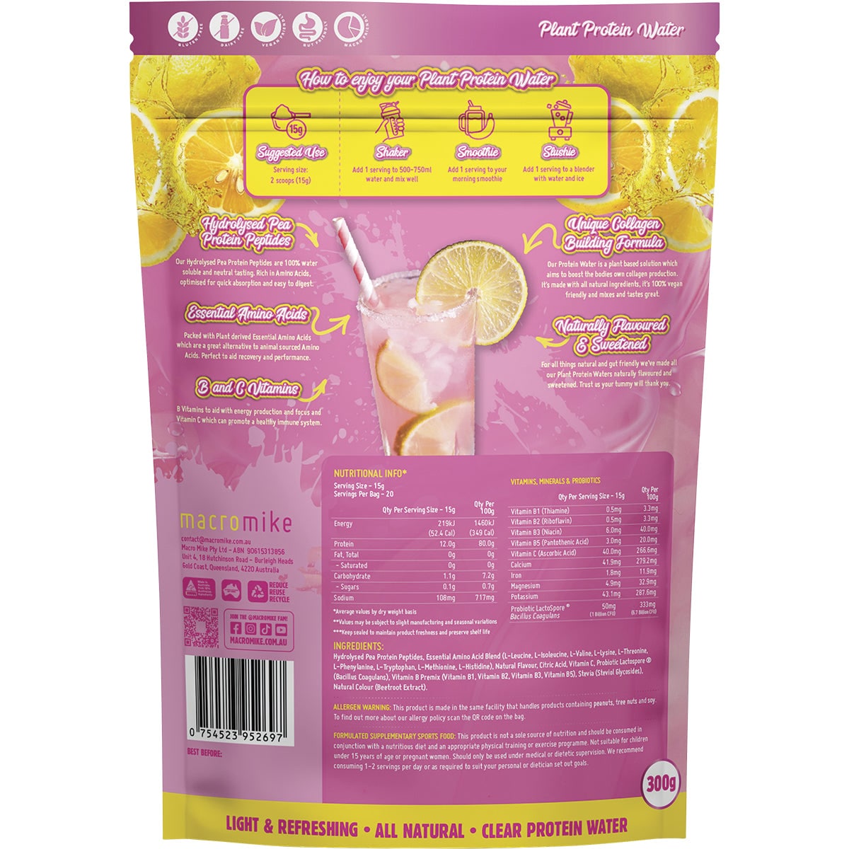 Macro Mike Plant Protein Water Pink Lemonade 300g