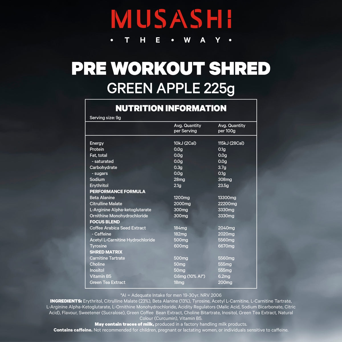 Musashi Pre Workout Shred Green Apple 225g