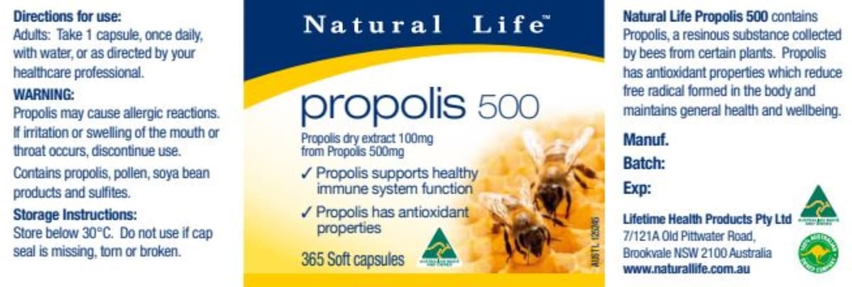 Natural Life Propolis 500mg 365 Capsules