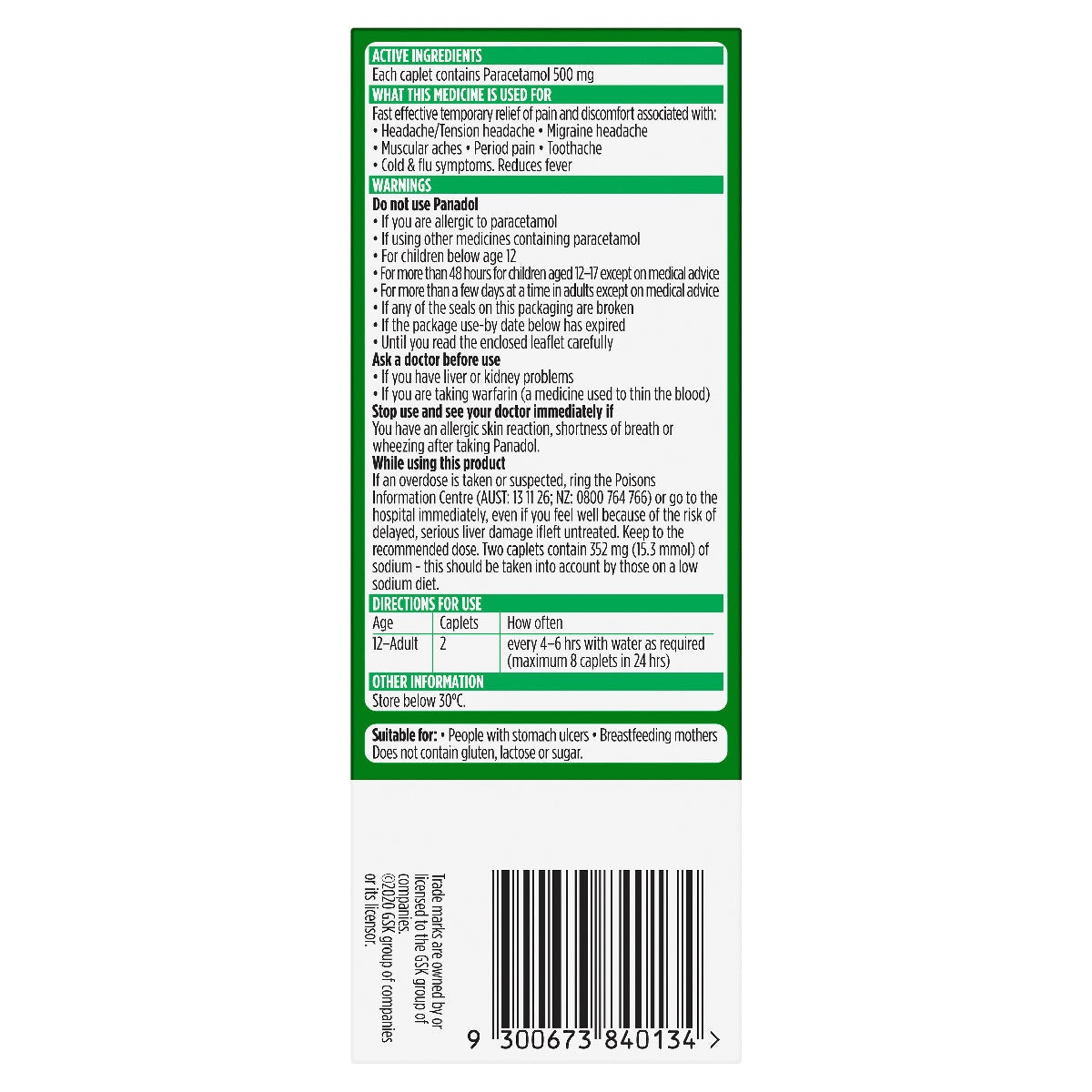 Panadol Rapid Pain Relief Paracetamol 500mg 20 Caplets