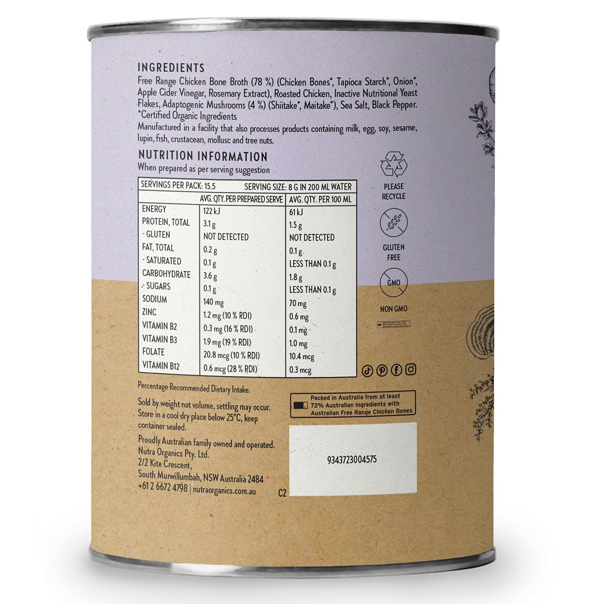 Nutra Organics Chicken Bone Broth Powder Adaptogenic Mushrooms 125g