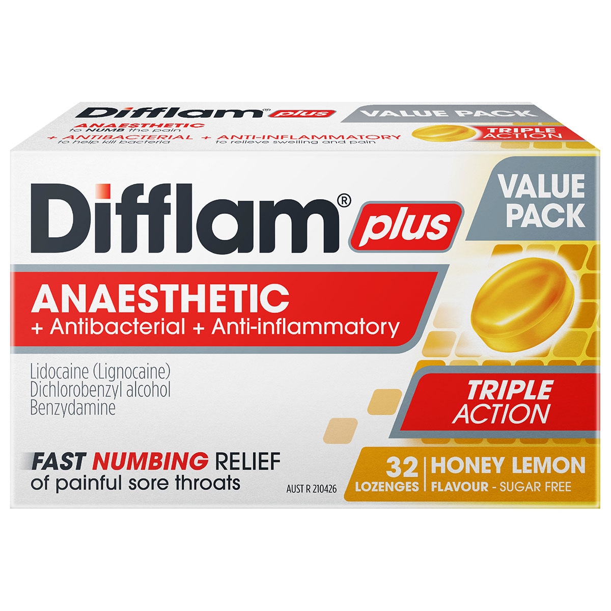 Difflam Plus Anaesthetic Sore Throat Lozenges Honey & Lemon 32 Pack Value Pack