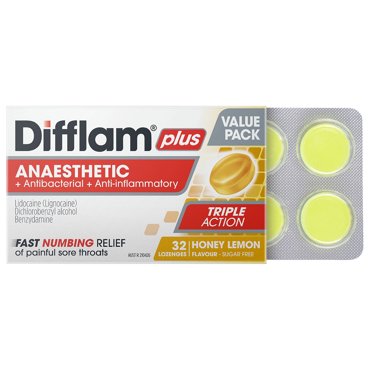 Difflam Plus Anaesthetic Sore Throat Lozenges Honey & Lemon 32 Pack Value Pack