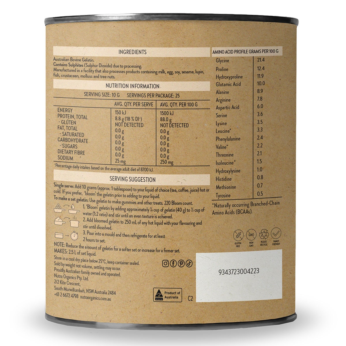 Nutra Organics Natural Gelatin Powder Unflavoured 250g