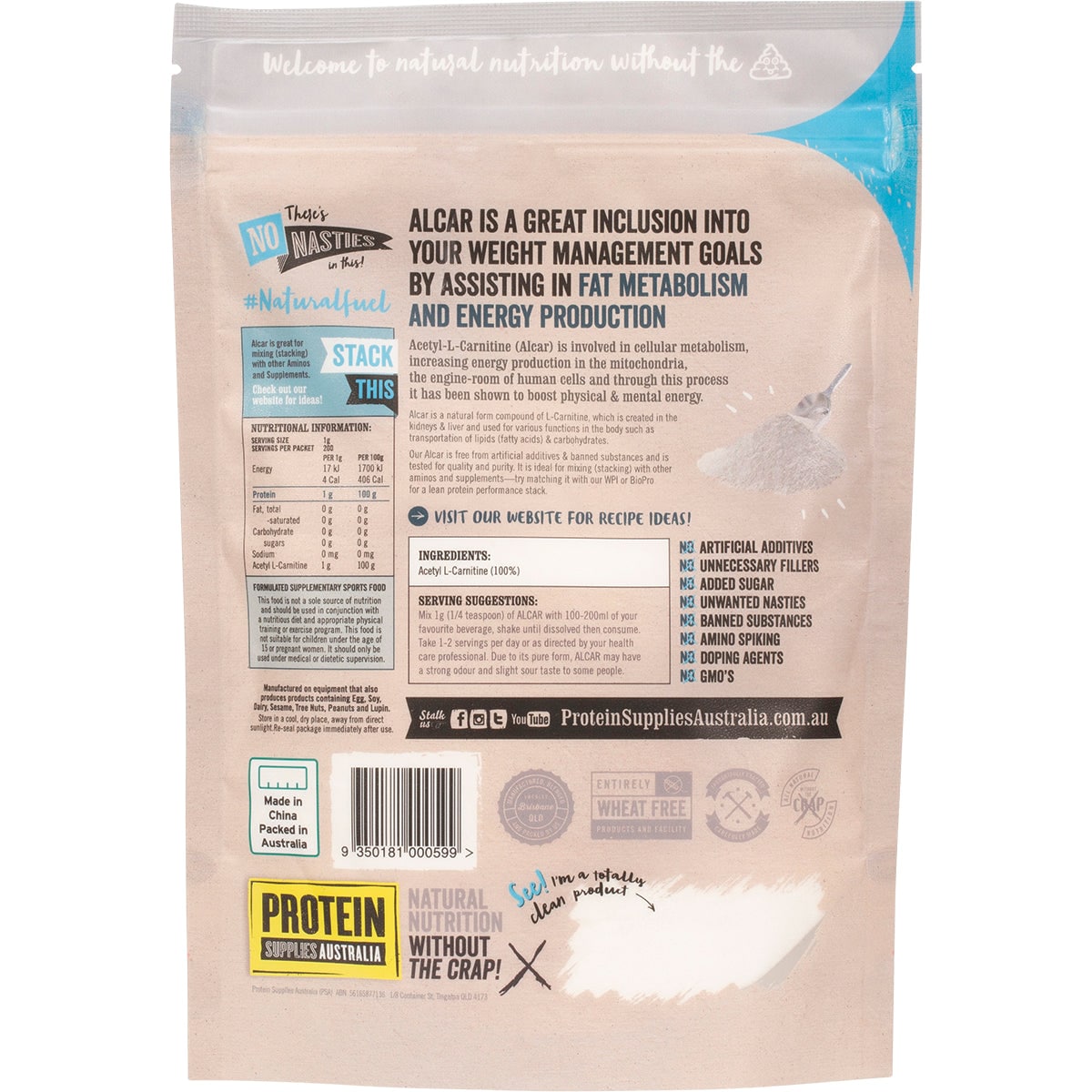 Protein Supplies Australia Pure Alcar (Acetyl L-Carnitine) 200g