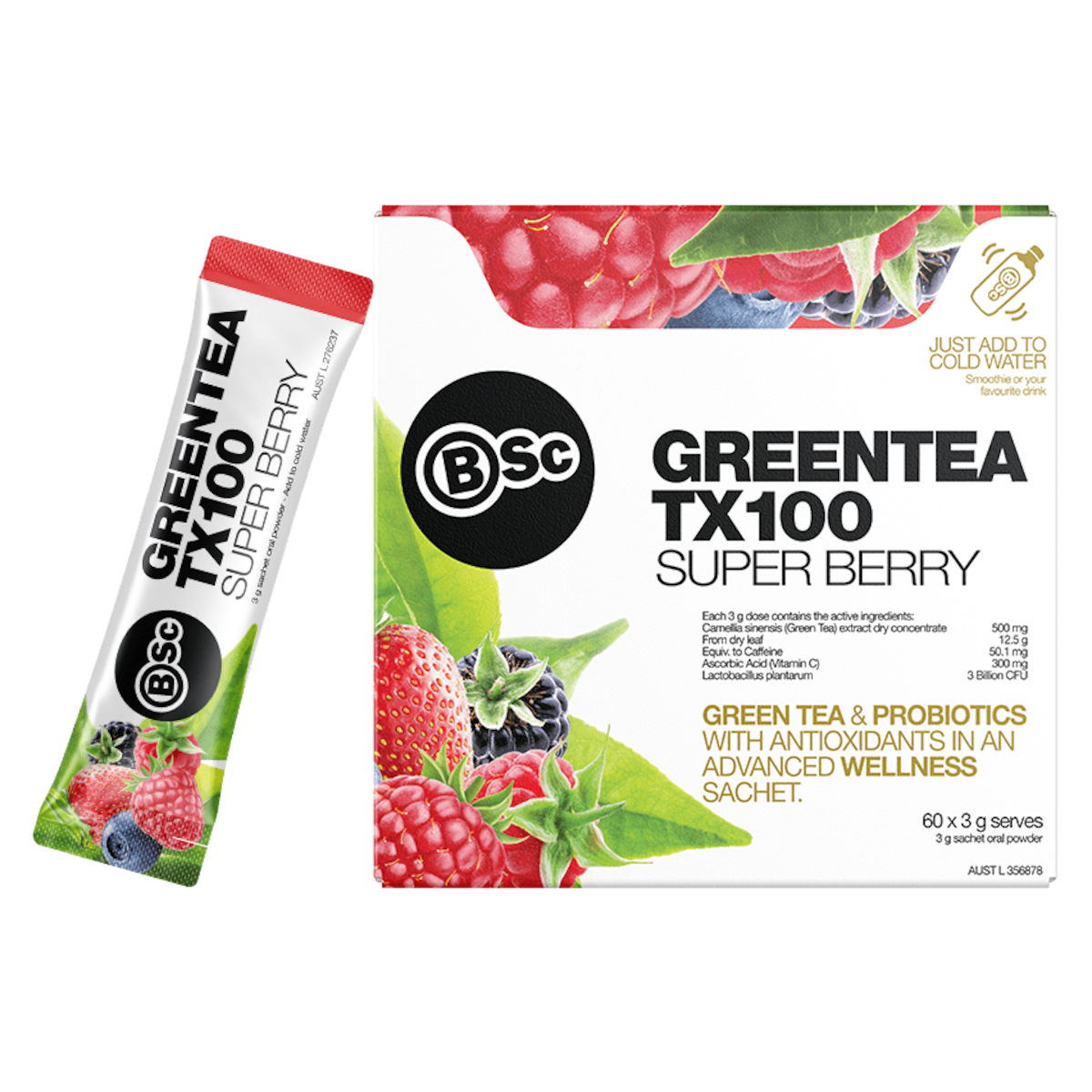 BSc Body Science Green Tea TX100 Super Berry 60 x 3g Sachets Australia