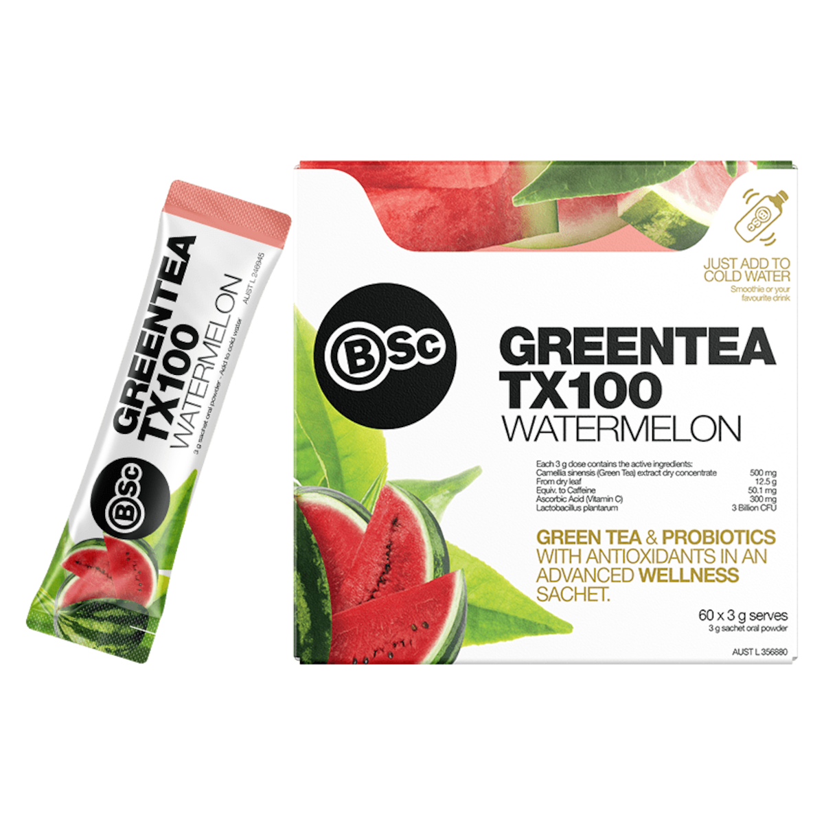BSc Body Science Green Tea TX100 Watermelon 60 x 3g Sachets Australia