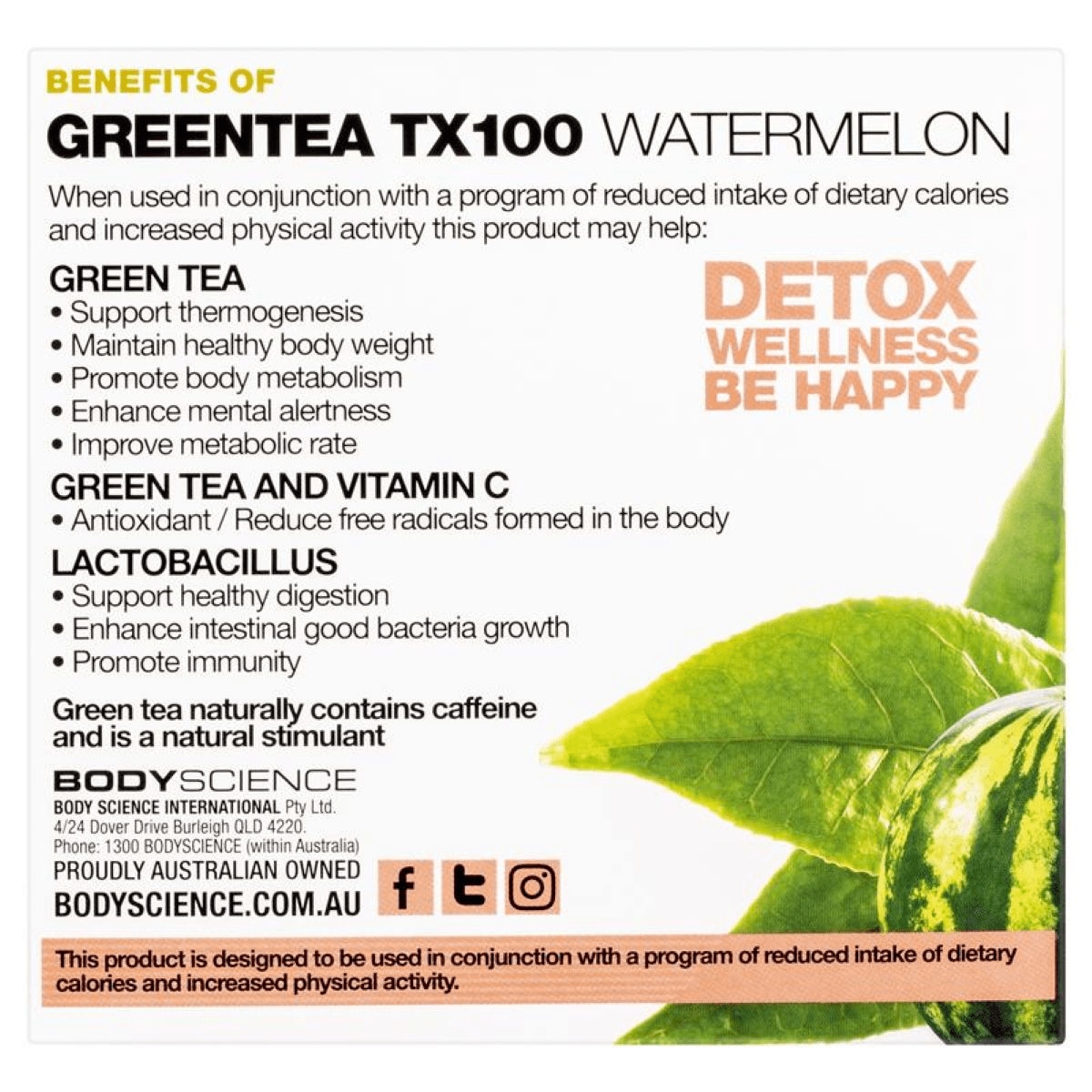 BSc Body Science Green Tea TX100 Watermelon 60 x 3g Sachets