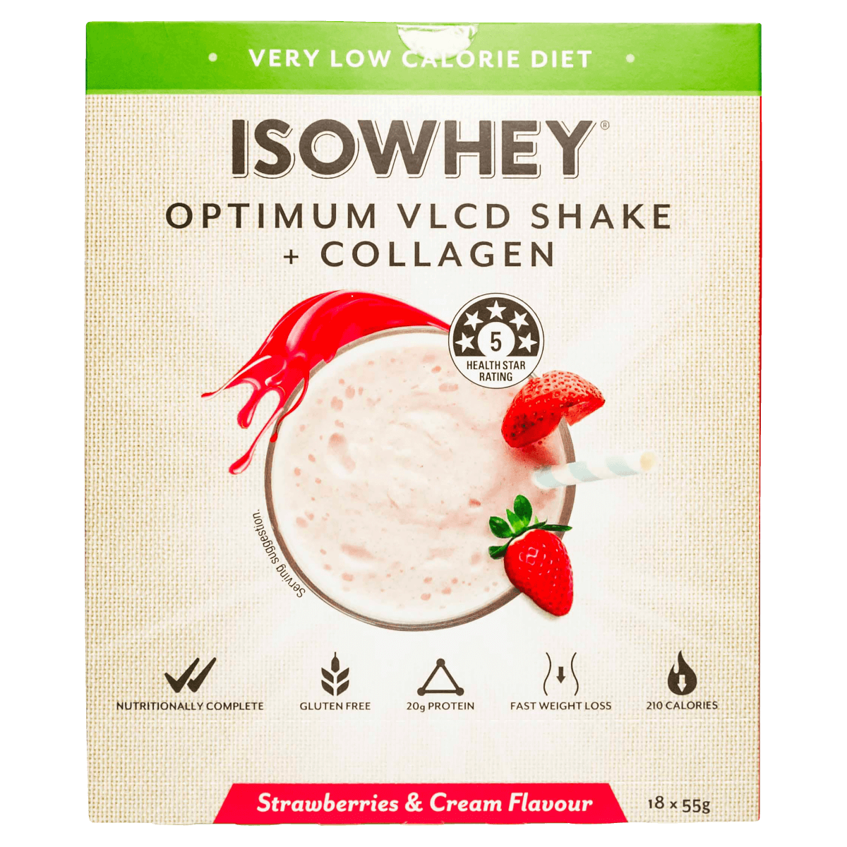 Isowhey Optimum VLCD + Collagen Shake Strawberry & Cream 18 x 55g Isowhey