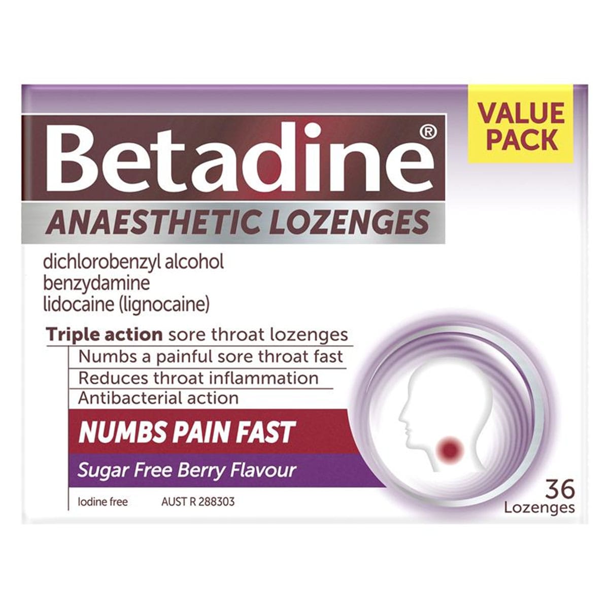 Betadine Anaesthetic Sore Throat Lozenges Berry 36 Pack