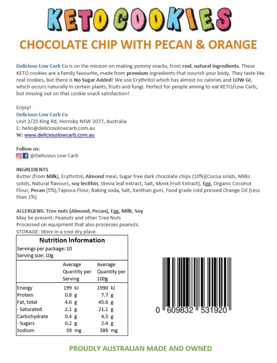 Delicous Low Carb Keto Cookies Chocolate Chip with Pecan & Orange 100g