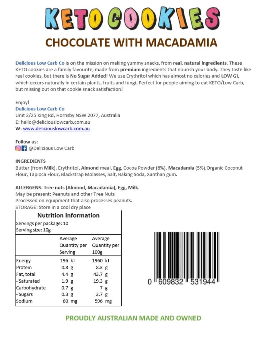 Delicous Low Carb Keto Cookies Chocolate with Macadamia 100g