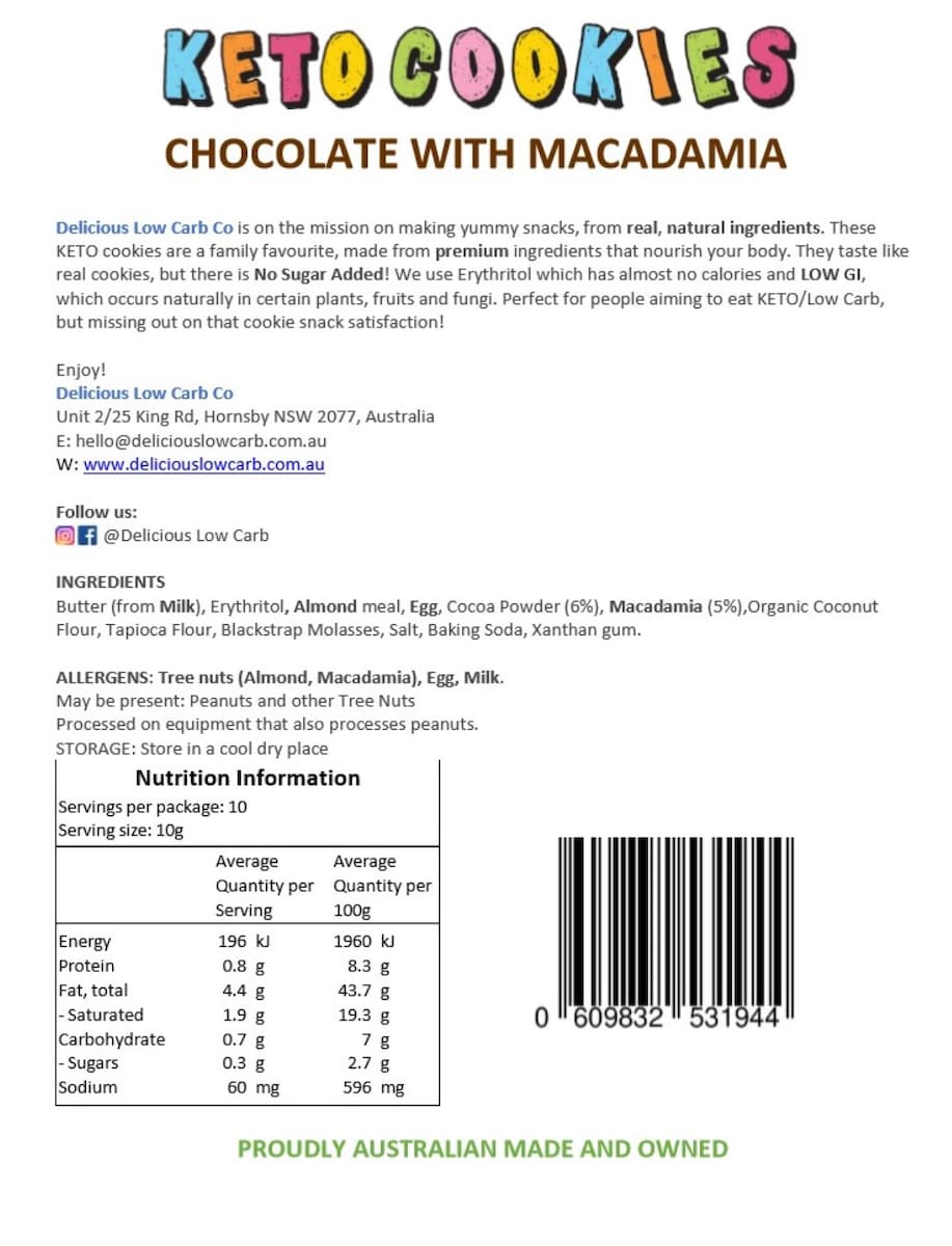 Delicious Low Carb Keto Cookies Chocolate with Macadamia 100g