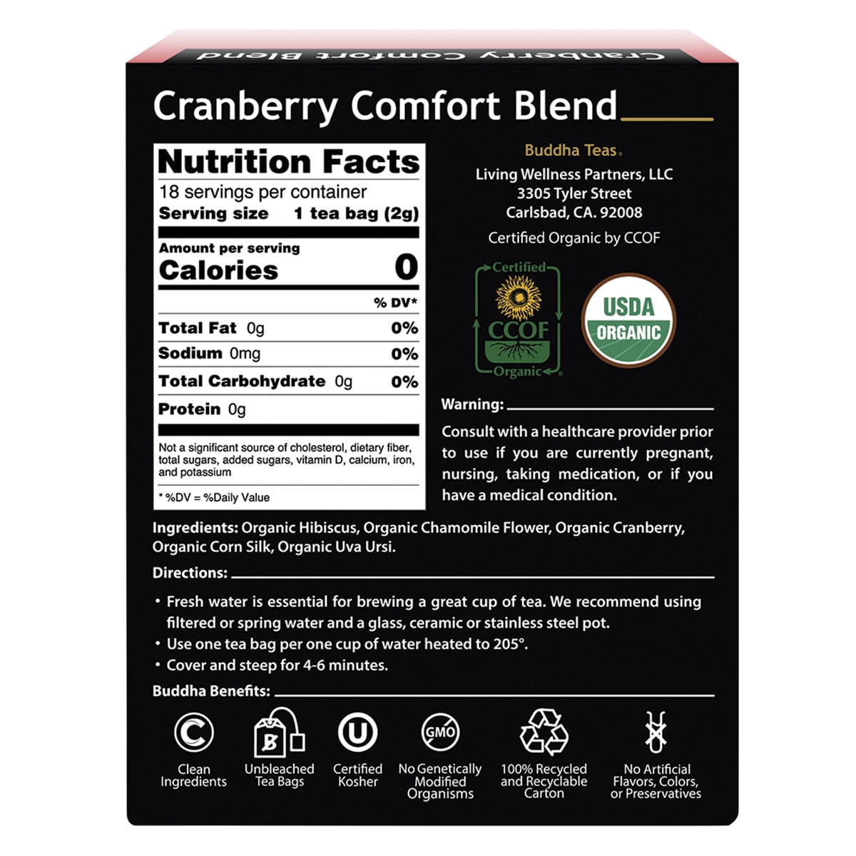 Buddha Teas Organic Herbal Tea Bags Cranberry Comfort Blend 18 Pack