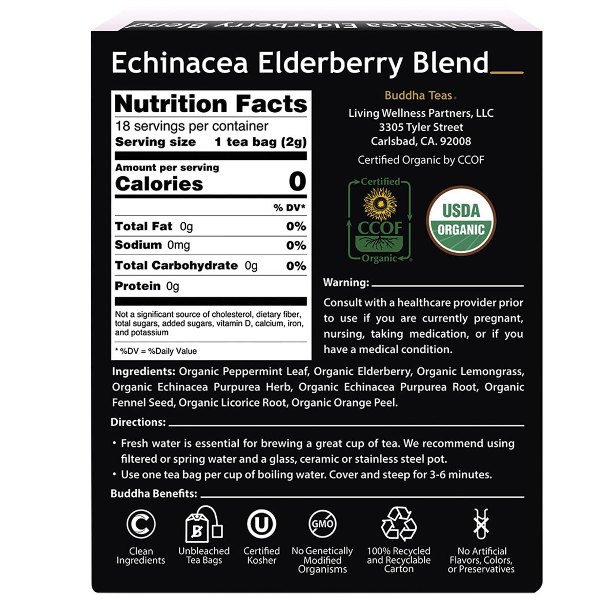 Buddha Teas Organic Herbal Tea Bags Echinacea Elderberry Blend 18 Pack