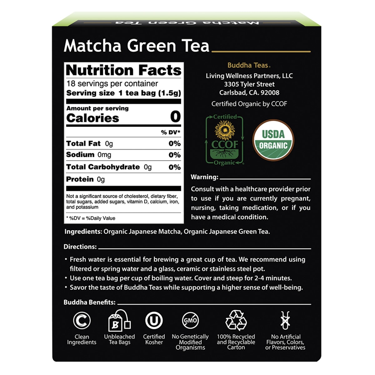 Buddha Teas Organic Tea Bags Matcha Green Tea 18 Pack