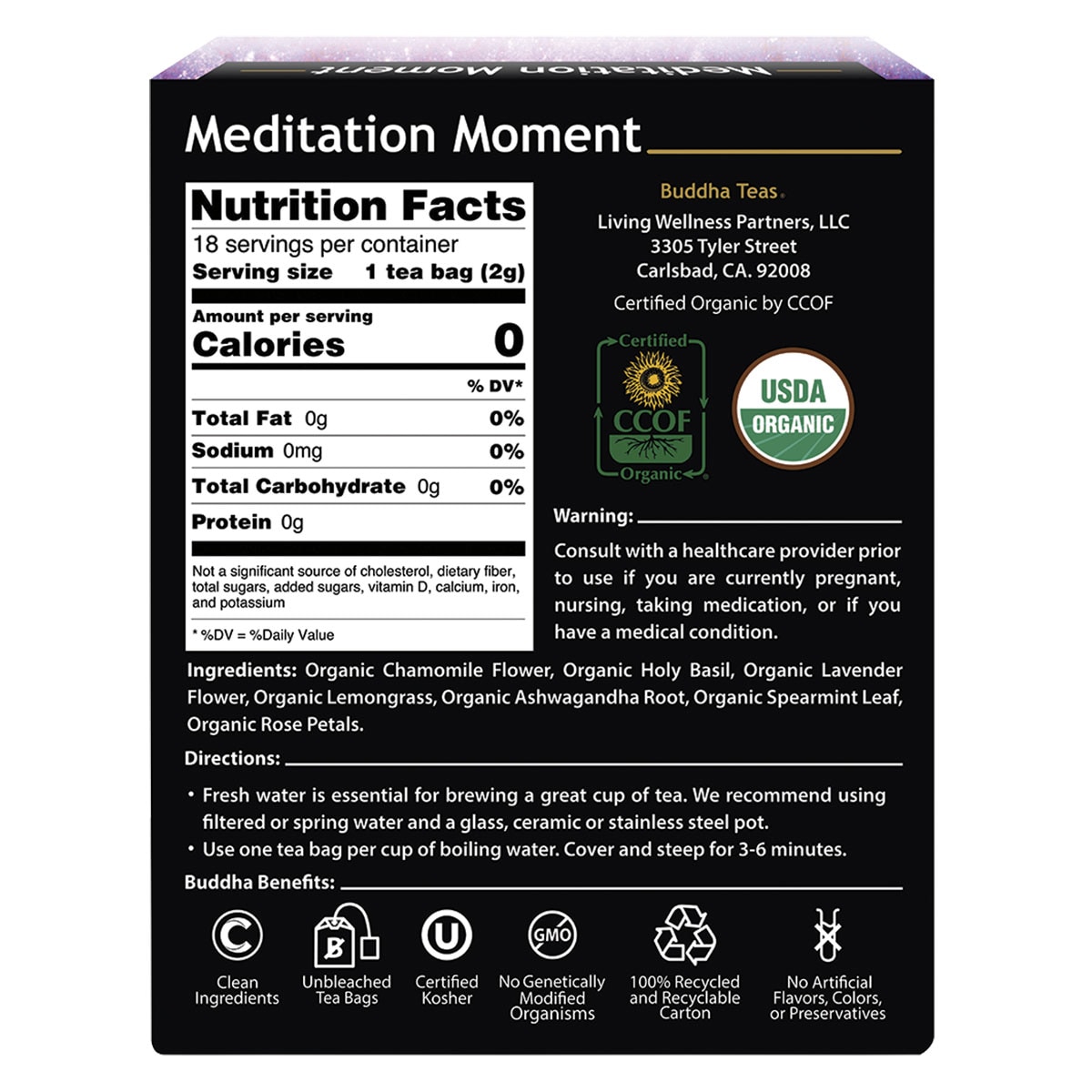 Buddha Teas Organic Herbal Tea Bags Meditation Moment 18 Pack