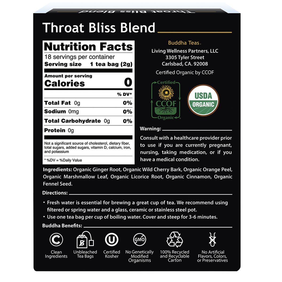 Buddha Teas Organic Herbal Tea Bags Throat Bliss Blend 18 Pack