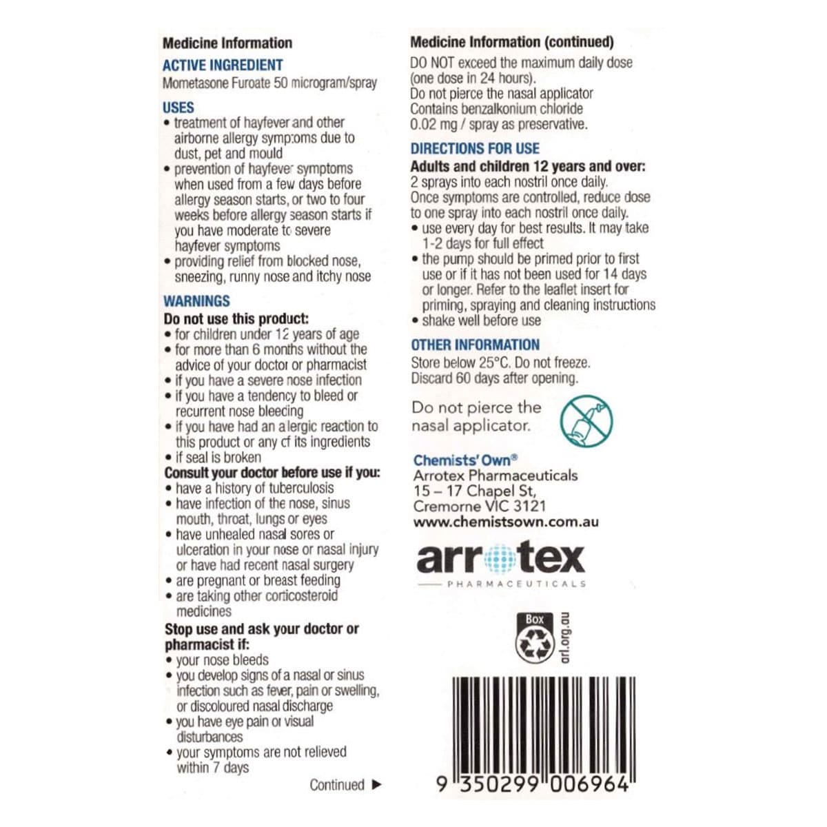 Chemists Own Allergy Relief Nasal Spray 140 Metered Sprays