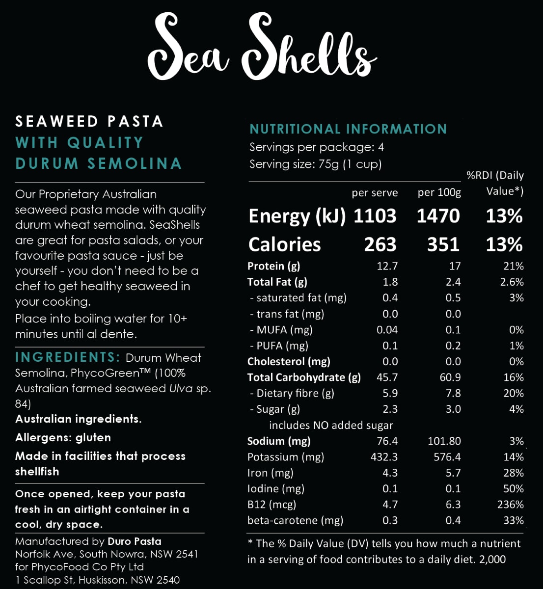 PhycoHealth SeaShells Seaweed Pasta 375g