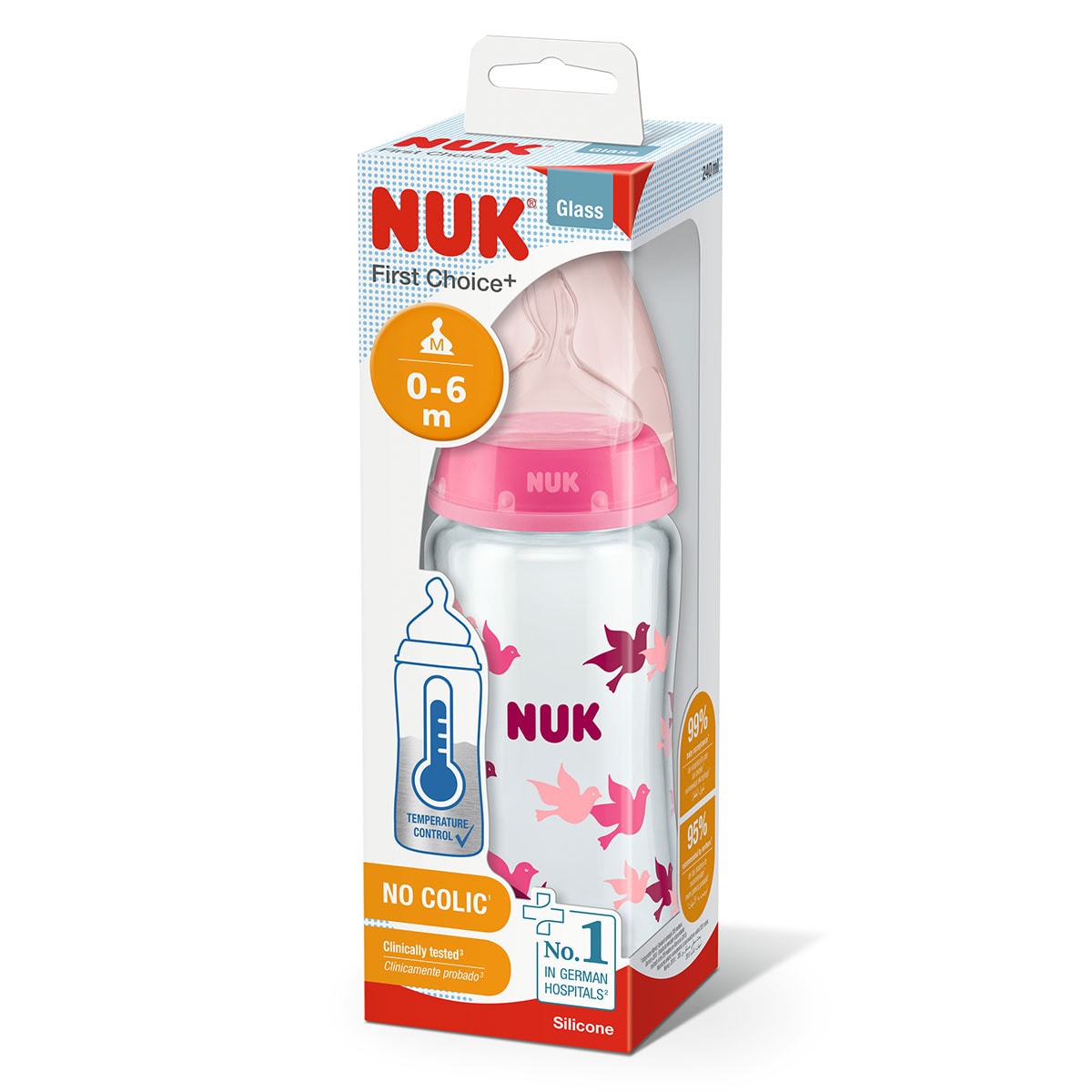NUK First Choice 240ml Glass Bottle with Temp Control 0-6 months