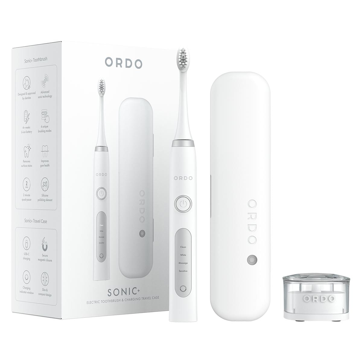 Ordo Sonic+ Electric Toothbrush & Charging Travel Case - White/Silver