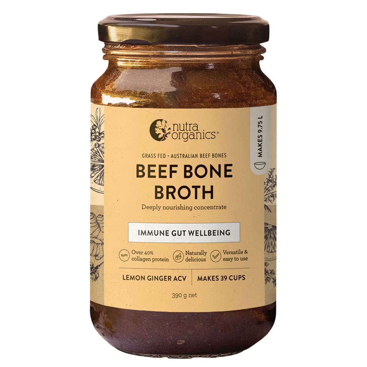 Nutra Organics Beef Bone Broth Concentrate Lemon Ginger ACV 390g