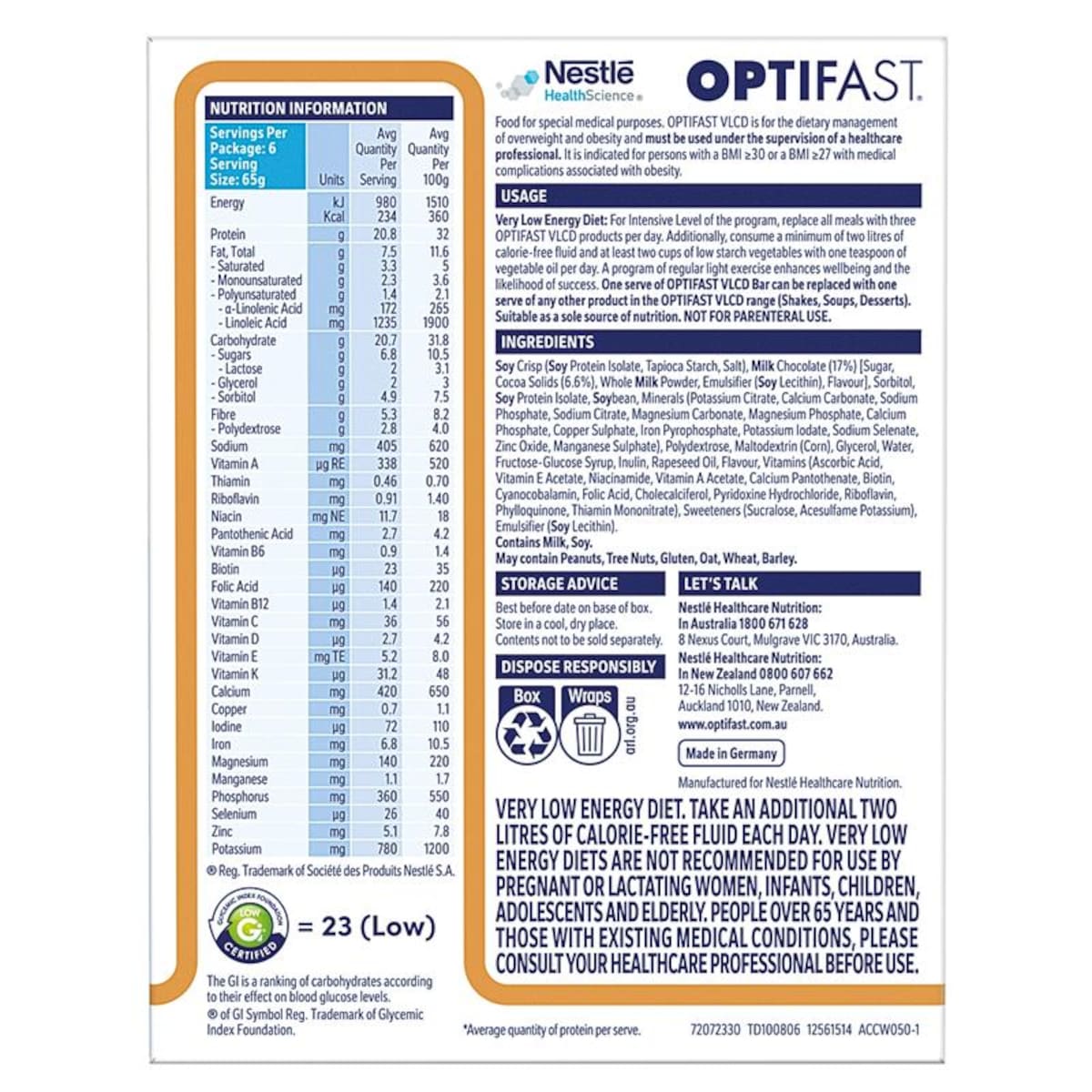 Optifast Vlcd Bars Cappuccino 6 x 65g