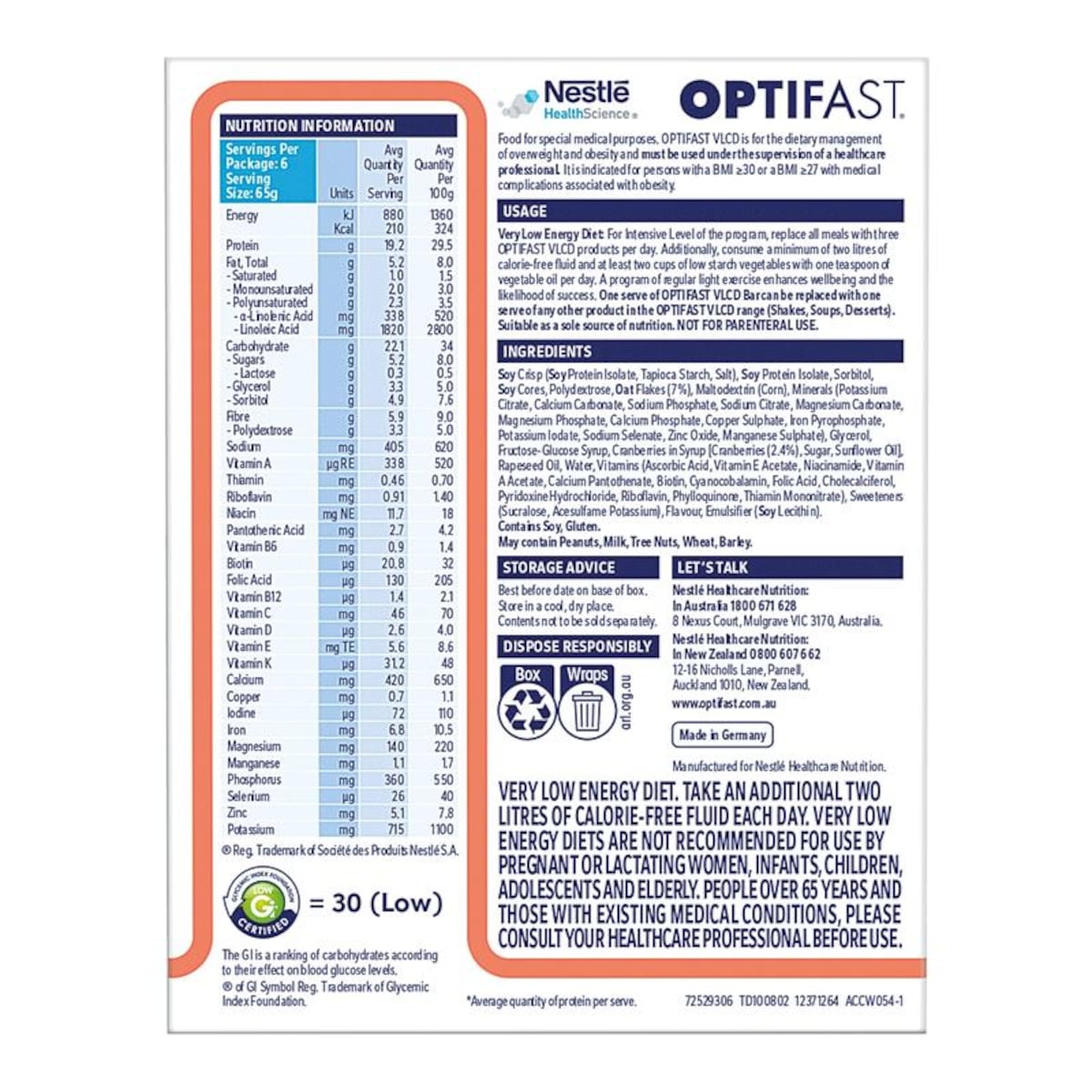 Optifast Vlcd Bars Cereal 6 x 65g