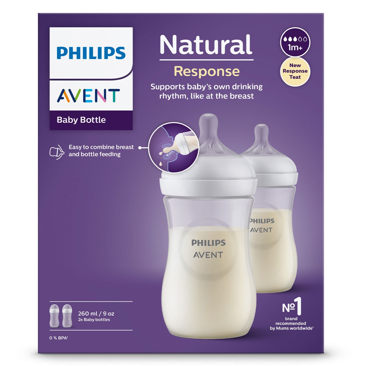 Avent Natural Response Baby Bottles 1 Month+ 260ml - 2 Pack
