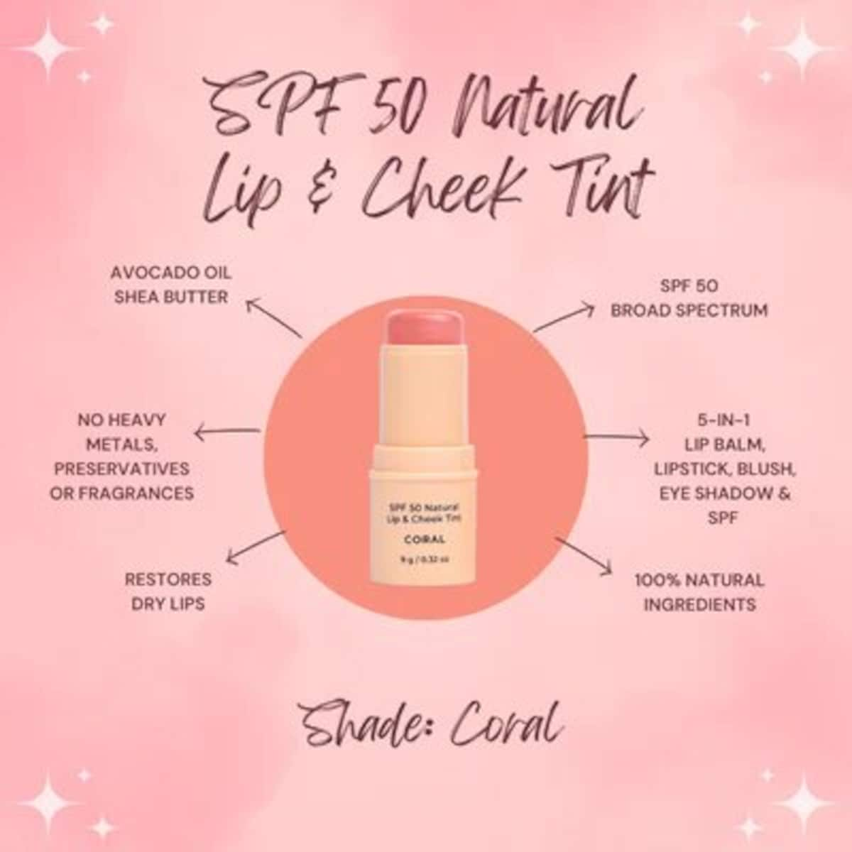 Avocado Zinc SPF50 Natural Lip & Cheek Tint - Coral 9g