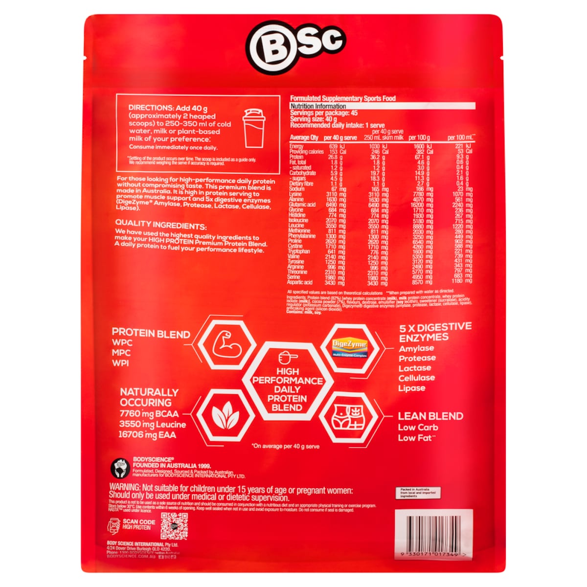 BSc Body Science High Protein Powder Chocolate - 1.8kg