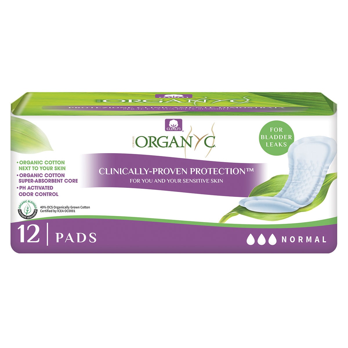 Organyc Light Incontinence Pads for Bladder Leaks Normal - 12 Pack