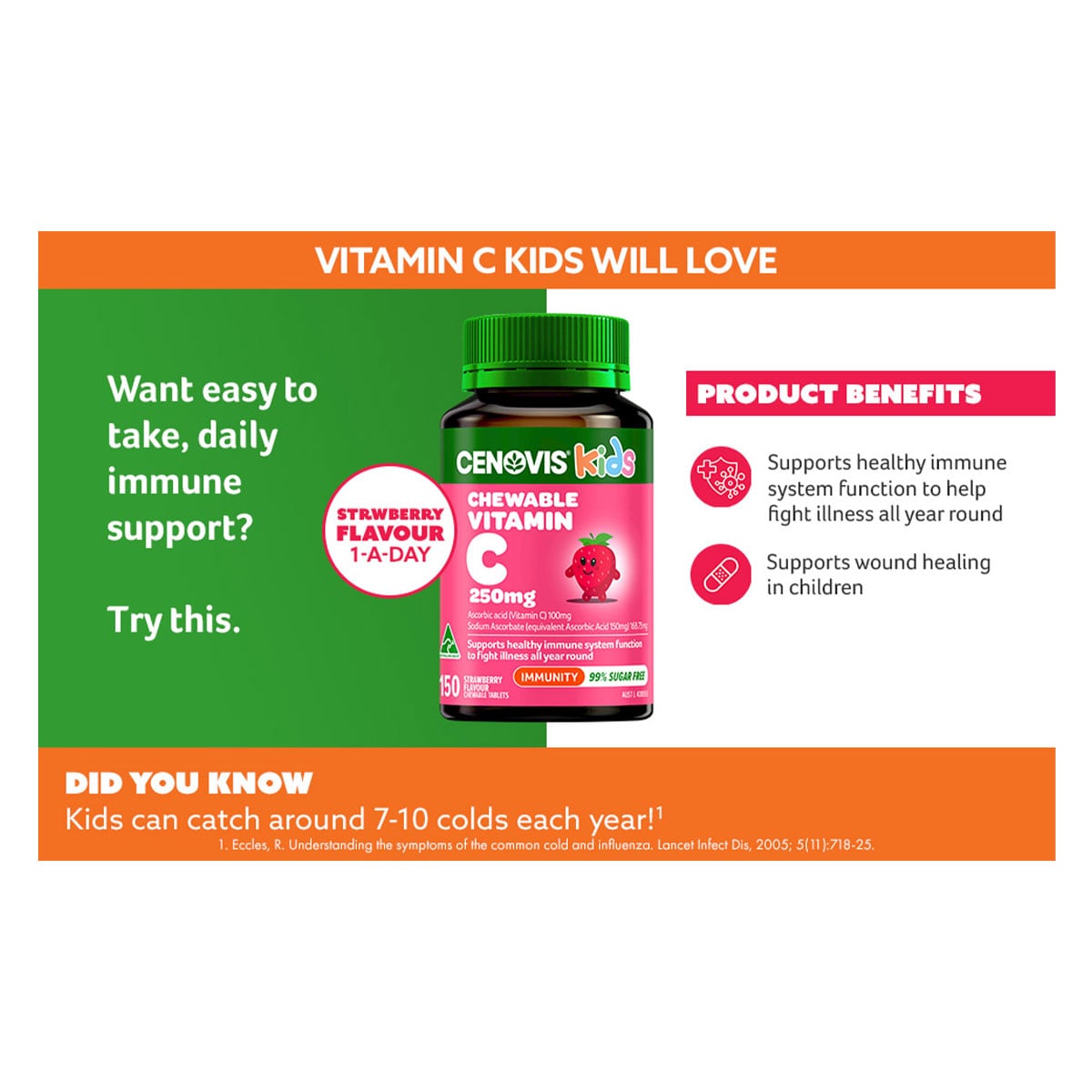 Cenovis Kids Chewable Vitamin C 250mg Strawberry 150 Tablets