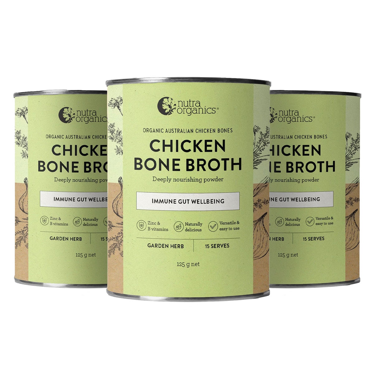 Nutra Organics Chicken Bone Broth Garden Herb 125g 3 Pack
