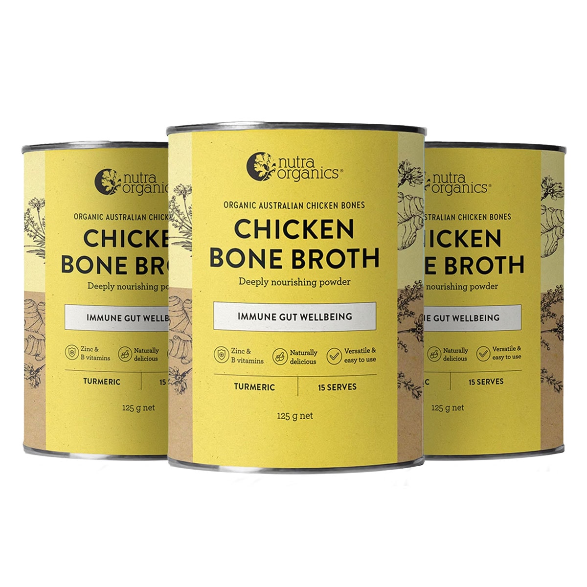 Nutra Organics Chicken Bone Broth Powder Turmeric 125g 3 Pack