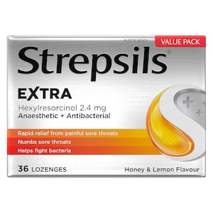 Strepsils Extra Rapid Sore Throat Relief with Anaesthetic Honey & Lemon 36 Lozenges