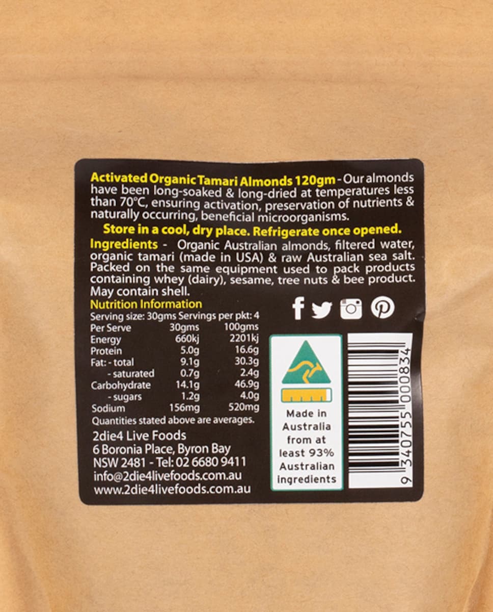 2Die4 Live Foods Organic Activated Vegan Tamari Almonds 120g