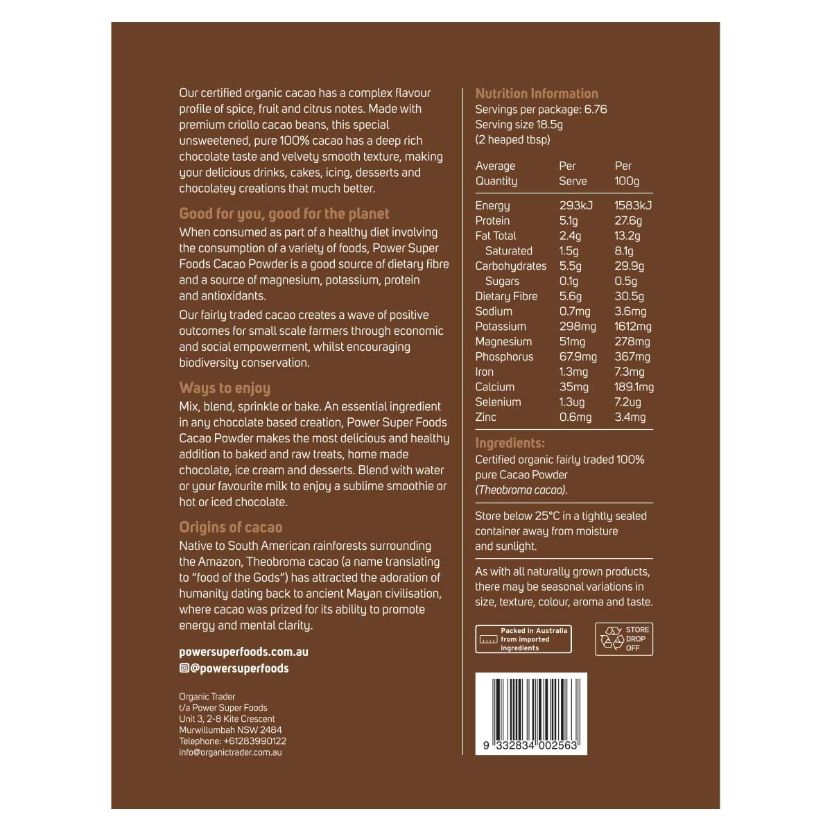 Power Super Foods Cacao Powder - Origin 125g