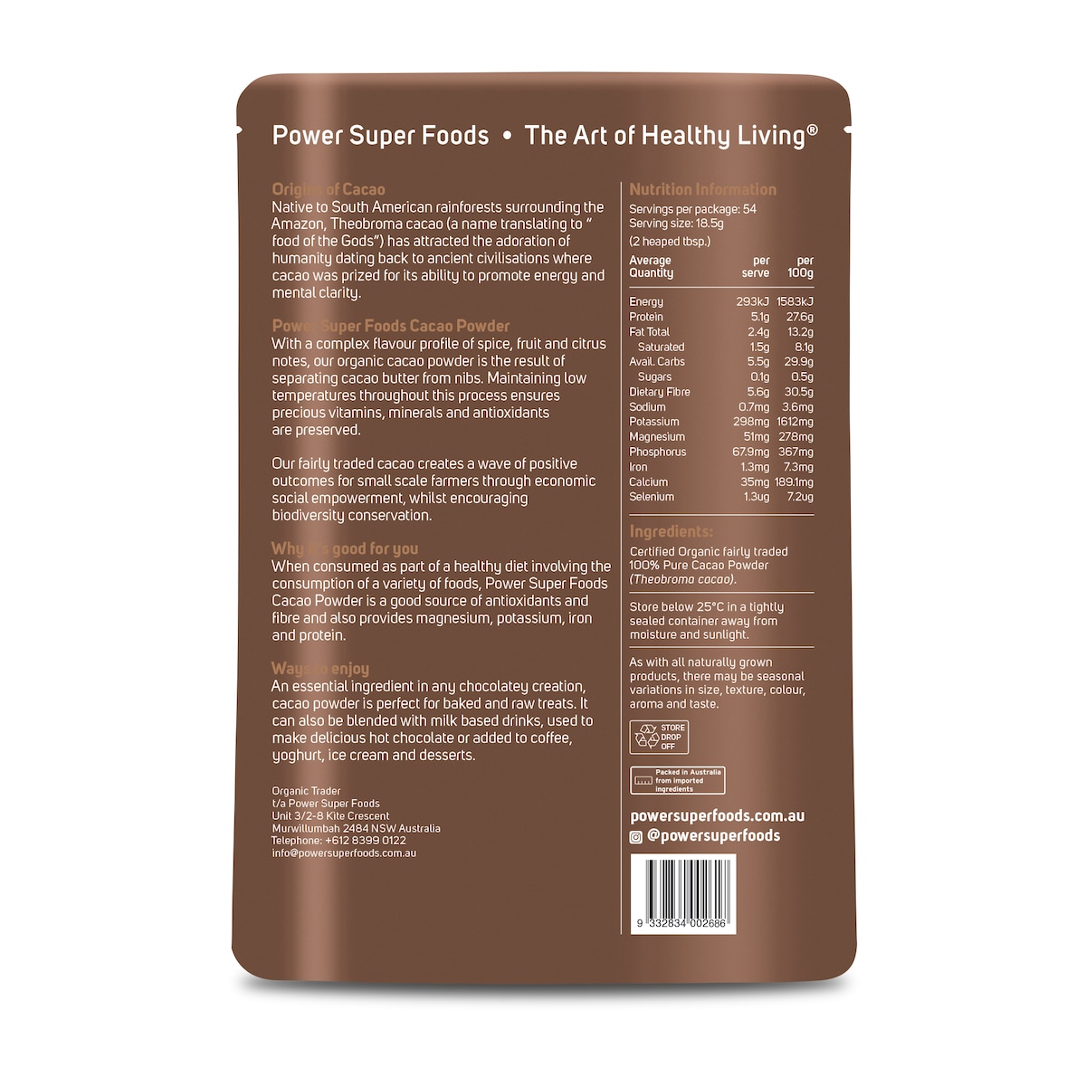 Power Super Foods Cacao Powder Origin 1Kg