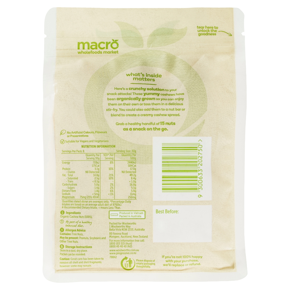 Macro Organic Natural Cashews 500g