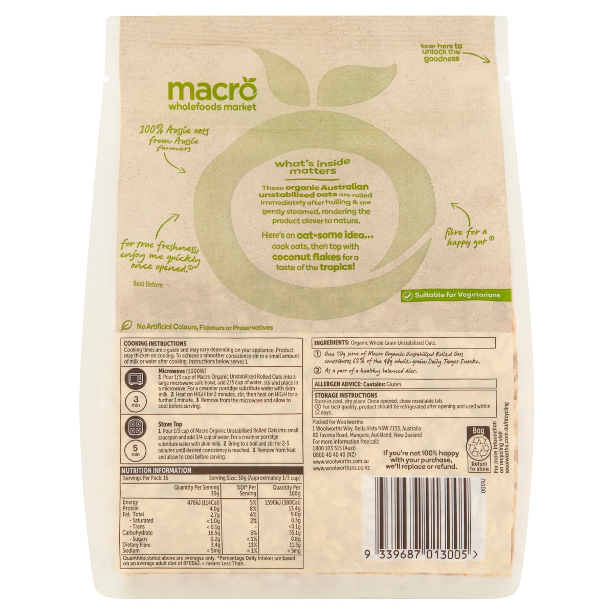 Macro Organic Unstabilised Rolled Oats 500g